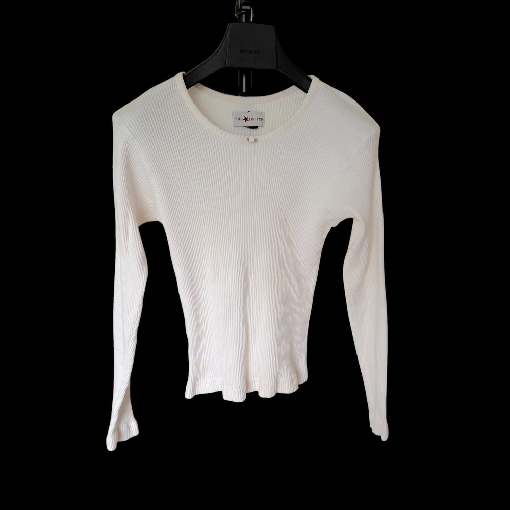 Y2K The Limited Women Cream Ribbed Long Sleeve Cotton Top Rose Detail 16/18